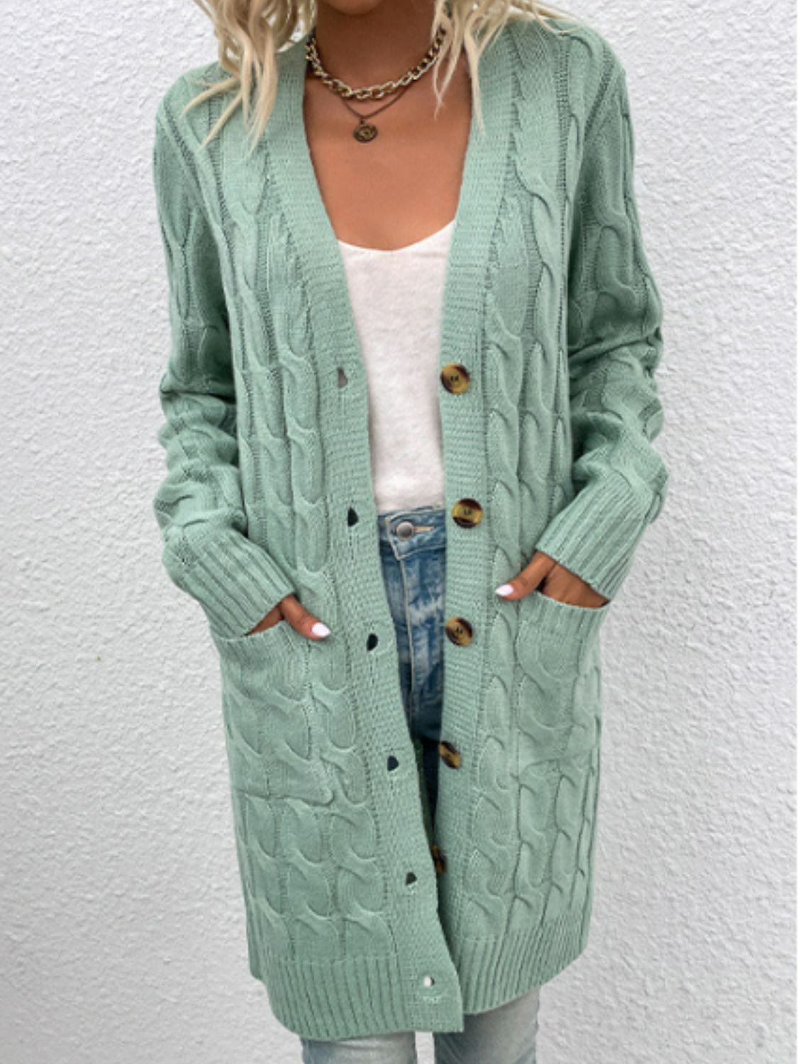 Cable-Knit Button Down Cardigan with Pockets BLUE ZONE PLANET