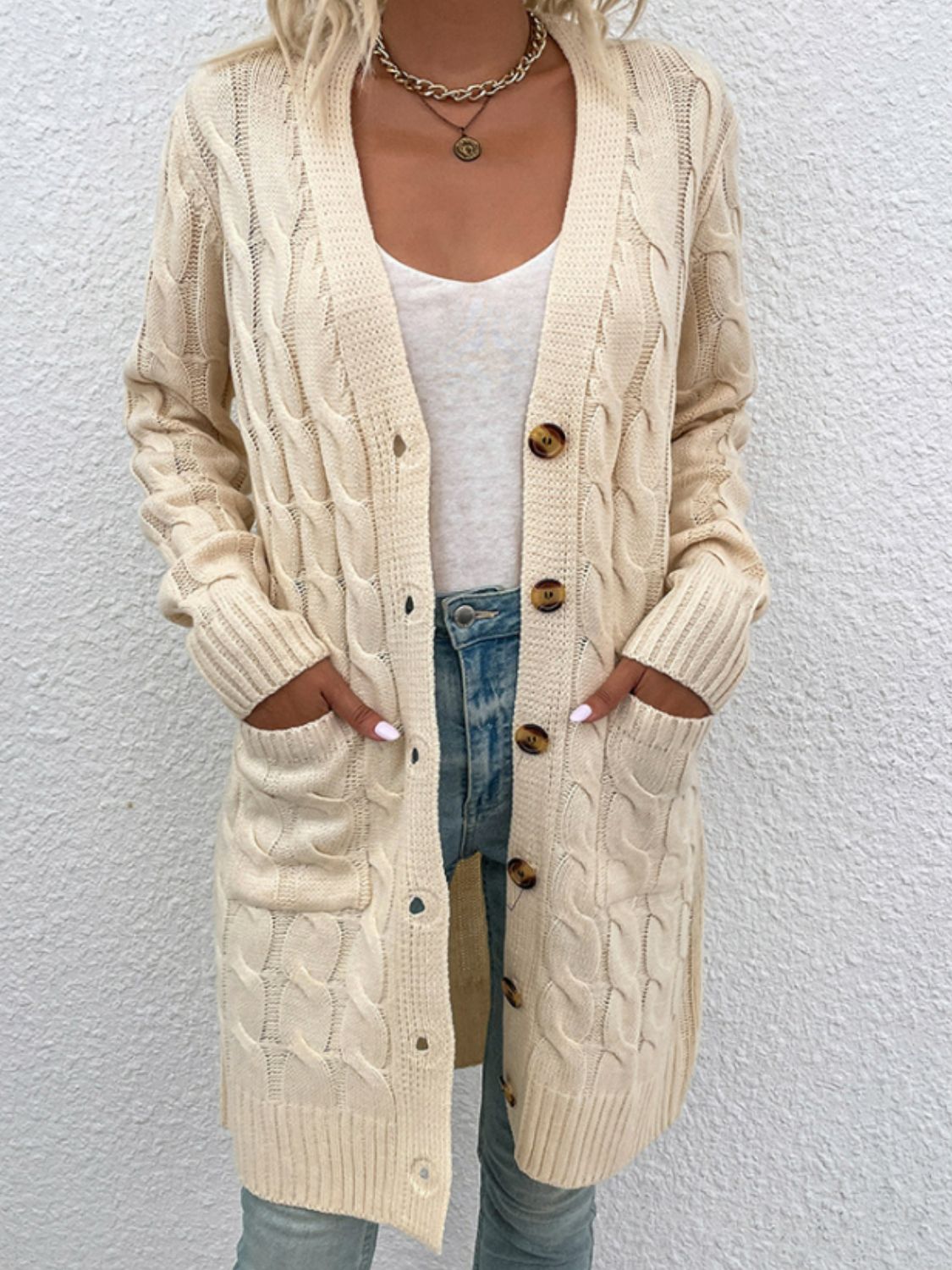 Cable-Knit Button Down Cardigan with Pockets BLUE ZONE PLANET