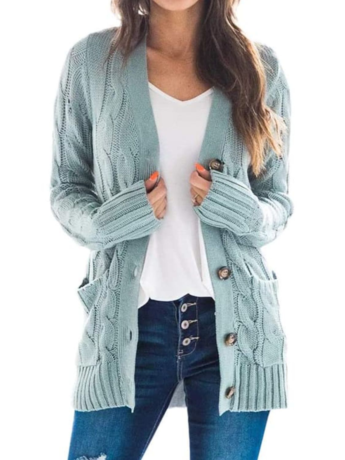 Cable-Knit Buttoned Cardigan with Pockets BLUE ZONE PLANET