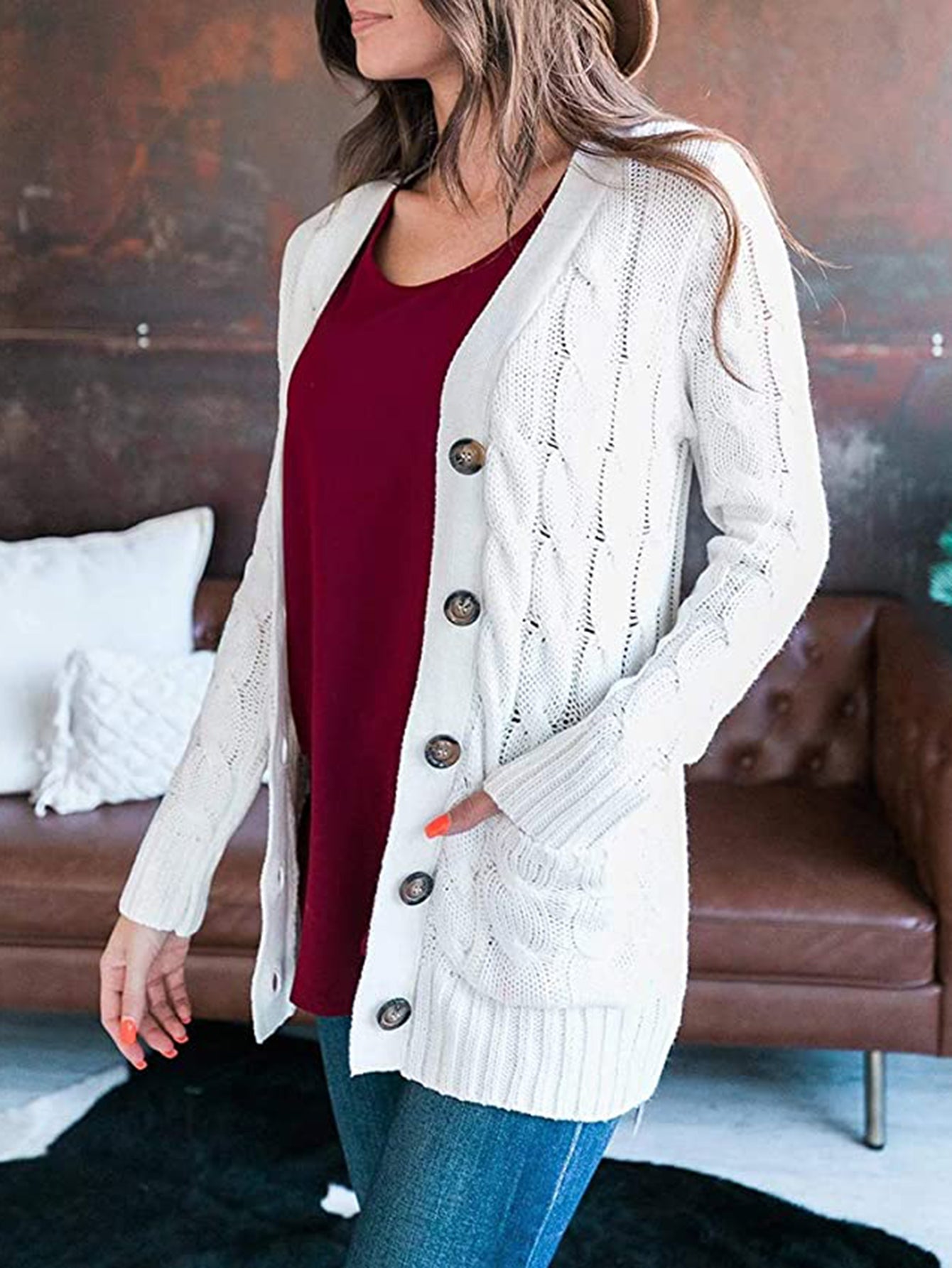 Cable-Knit Buttoned Cardigan with Pockets BLUE ZONE PLANET