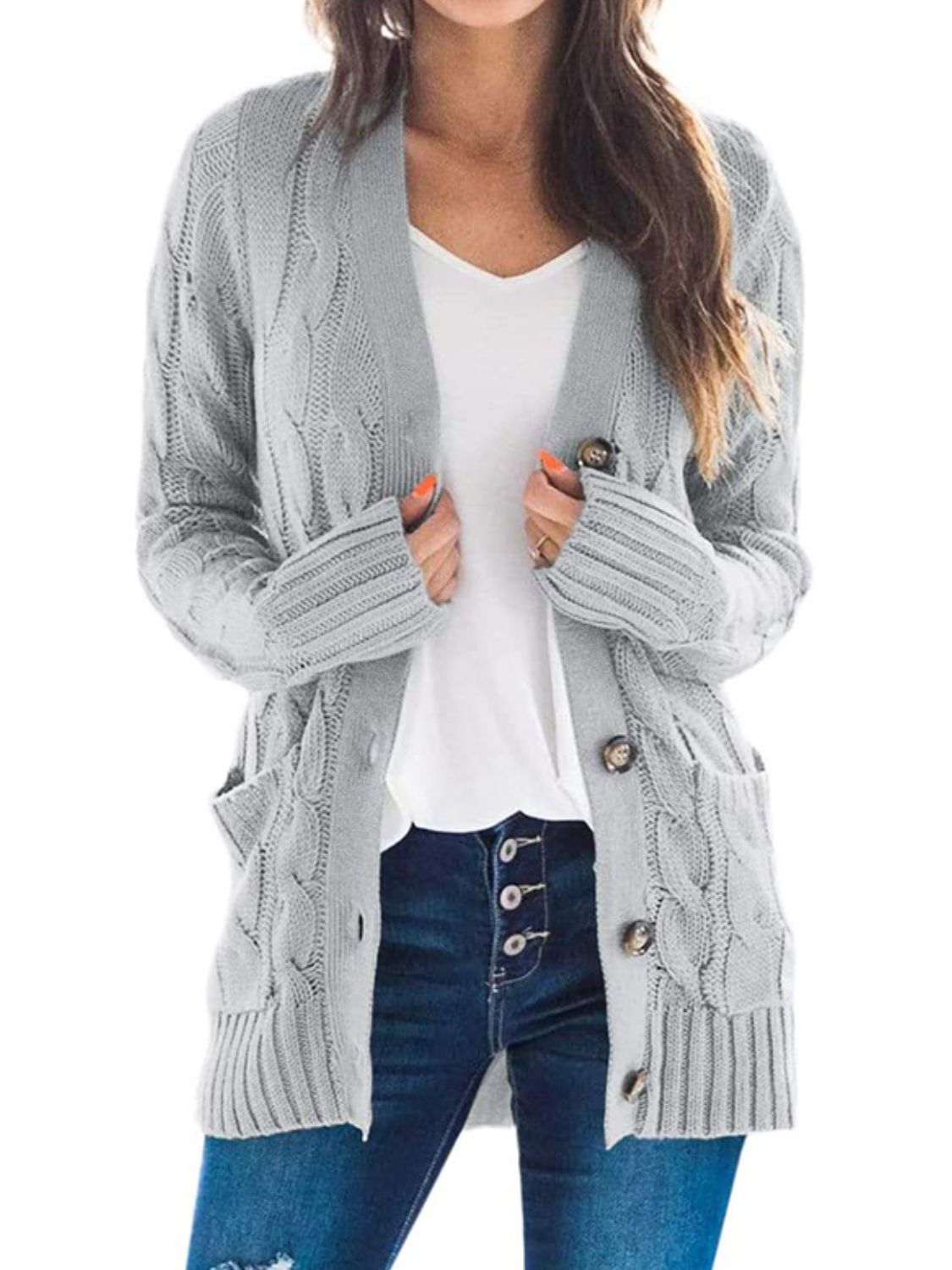 Cable-Knit Buttoned Cardigan with Pockets BLUE ZONE PLANET