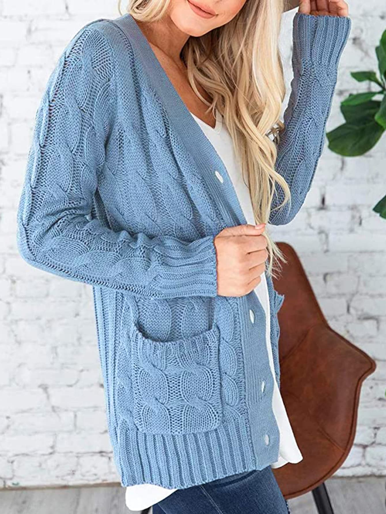 Cable-Knit Buttoned Cardigan with Pockets BLUE ZONE PLANET