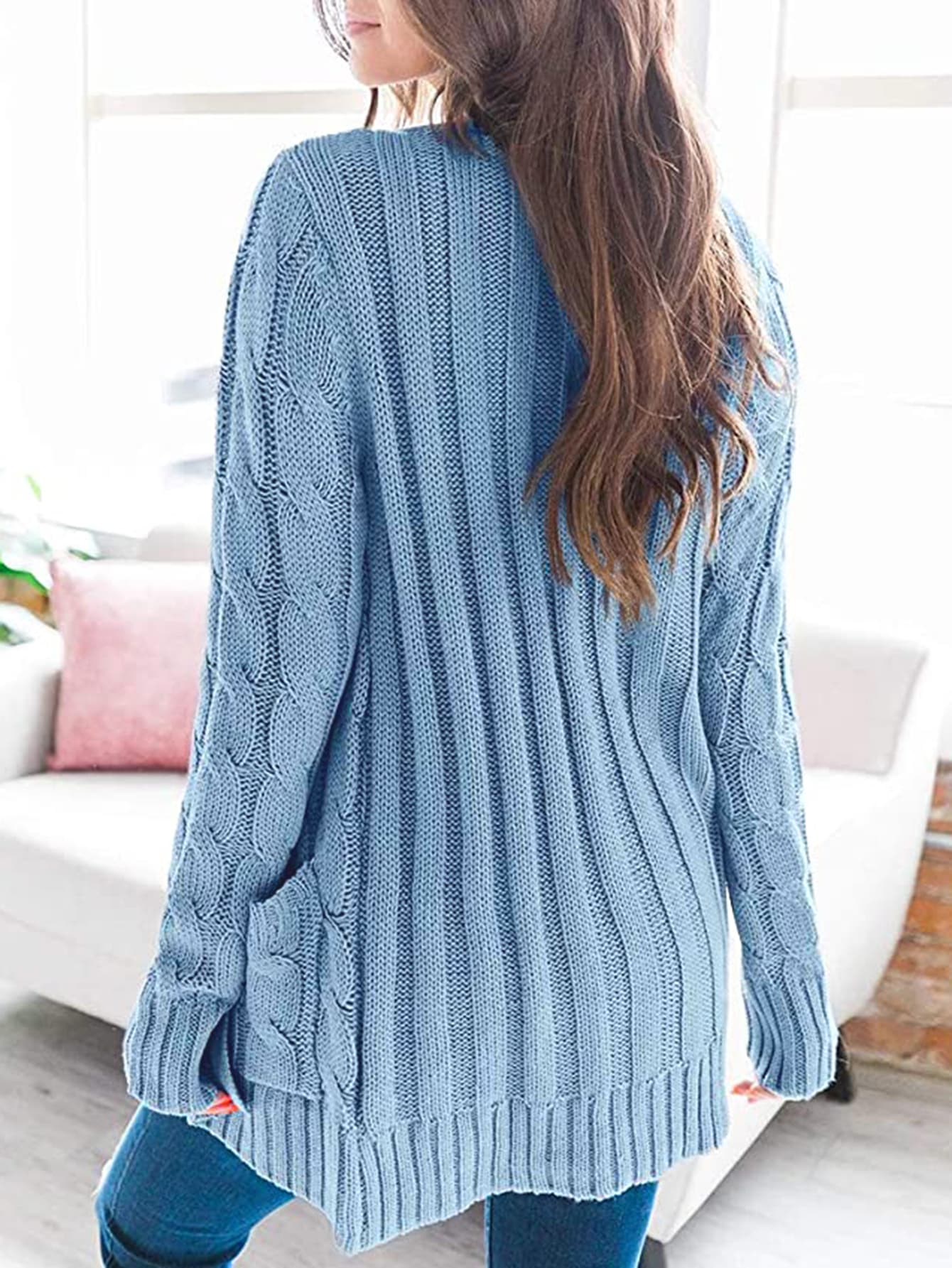 Cable-Knit Buttoned Cardigan with Pockets BLUE ZONE PLANET