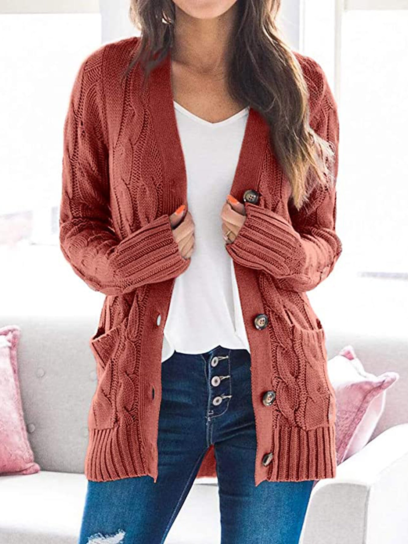 Cable-Knit Buttoned Cardigan with Pockets BLUE ZONE PLANET