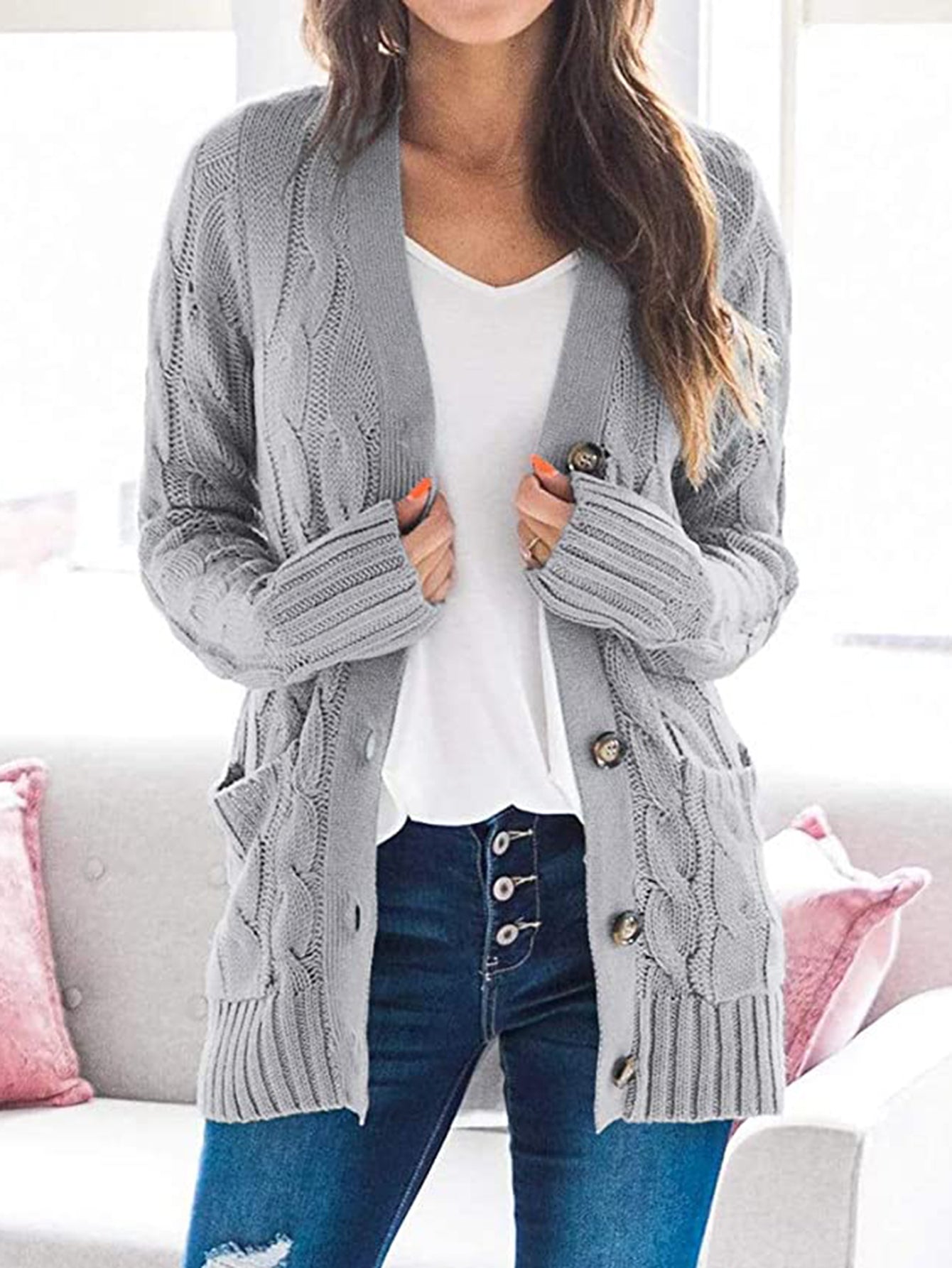 Cable-Knit Buttoned Cardigan with Pockets BLUE ZONE PLANET