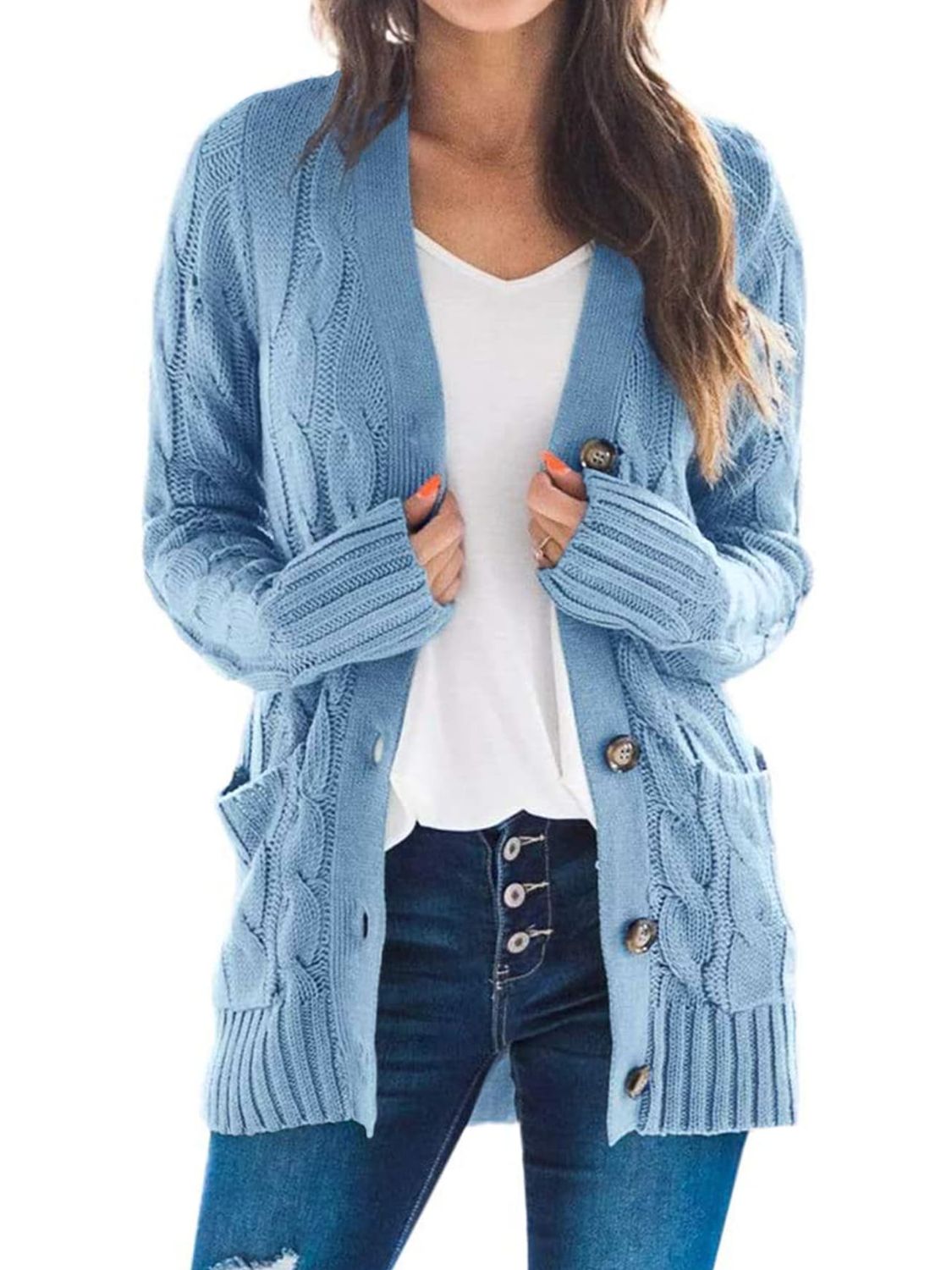 Cable-Knit Buttoned Cardigan with Pockets BLUE ZONE PLANET