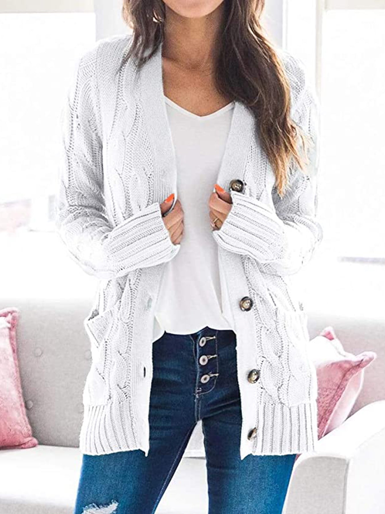 Cable-Knit Buttoned Cardigan with Pockets BLUE ZONE PLANET