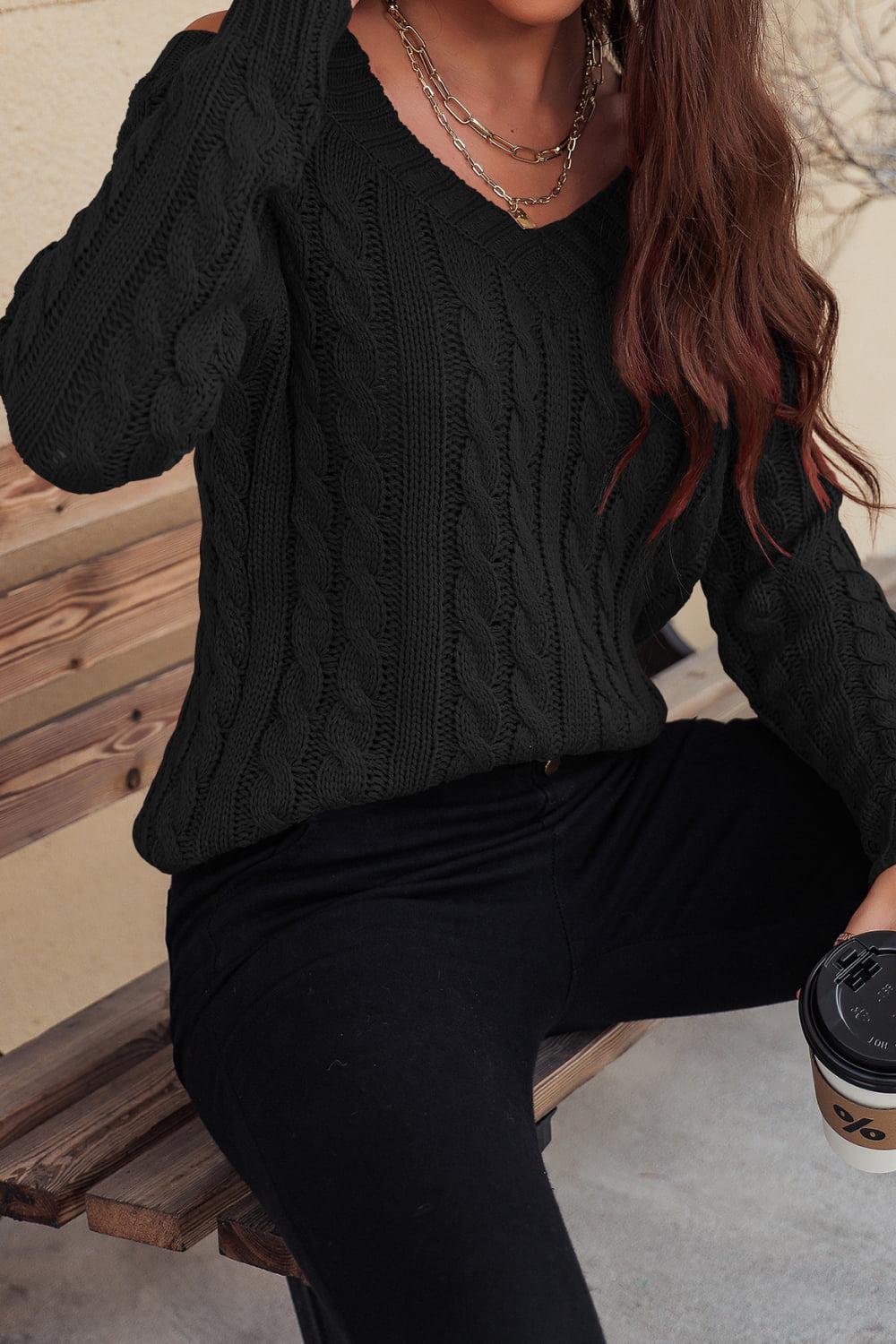 Cable-Knit Cold-Shoulder Long Sleeve Sweater BLUE ZONE PLANET