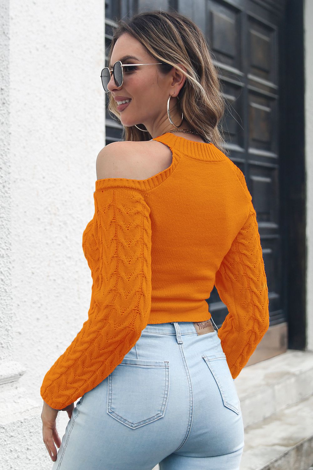 Cable-Knit Cold-Shoulder Sweater BLUE ZONE PLANET