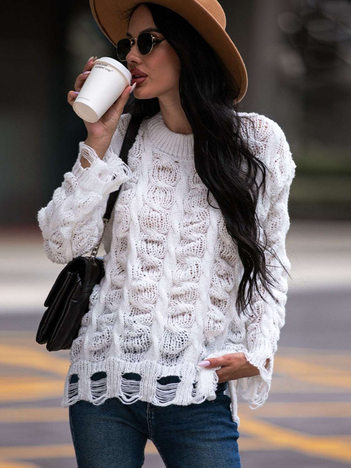 Cable-Knit Distressed Sweater BLUE ZONE PLANET