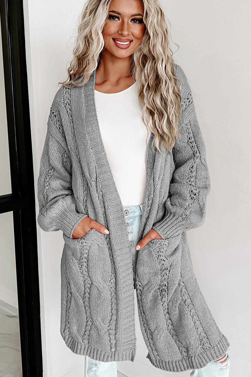 Cable-Knit Dropped Shoulder Cardigan BLUE ZONE PLANET