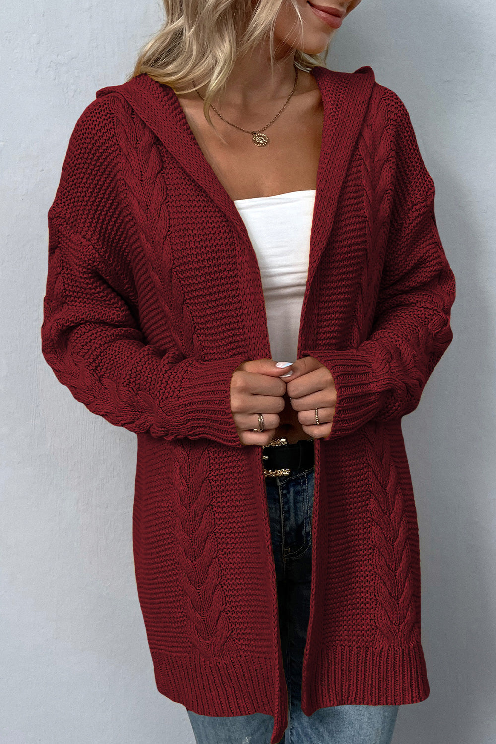 Cable-Knit Dropped Shoulder Hooded Cardigan BLUE ZONE PLANET
