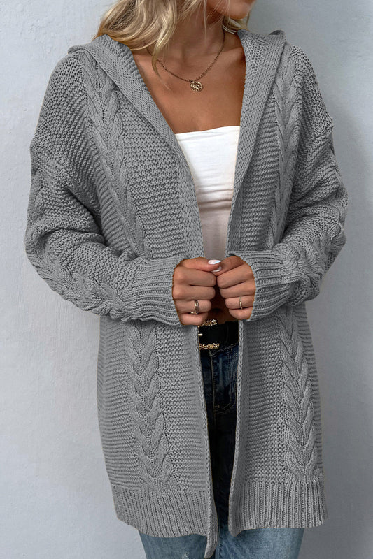 Cable-Knit Dropped Shoulder Hooded Cardigan BLUE ZONE PLANET