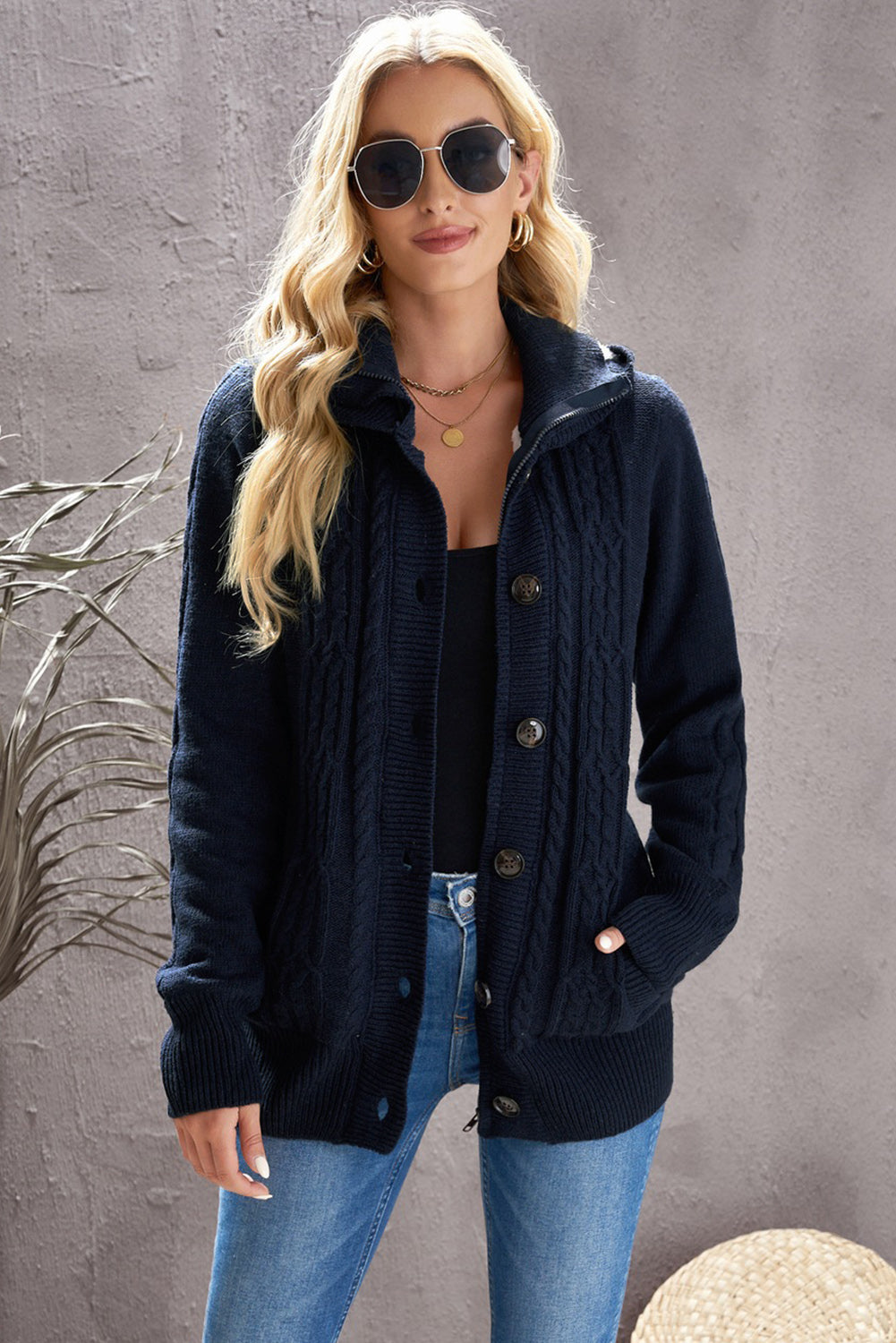 Cable-Knit Fleece Lining Button-Up Hooded Cardigan BLUE ZONE PLANET