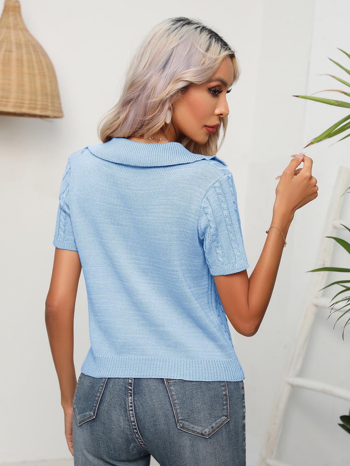 Cable-Knit Johnny Collar Short Sleeve Knit Top BLUE ZONE PLANET