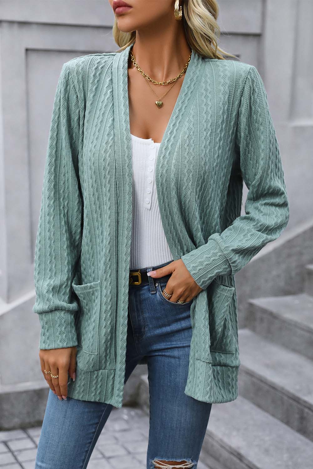 Cable-Knit Long Sleeve Cardigan with Pocket BLUE ZONE PLANET