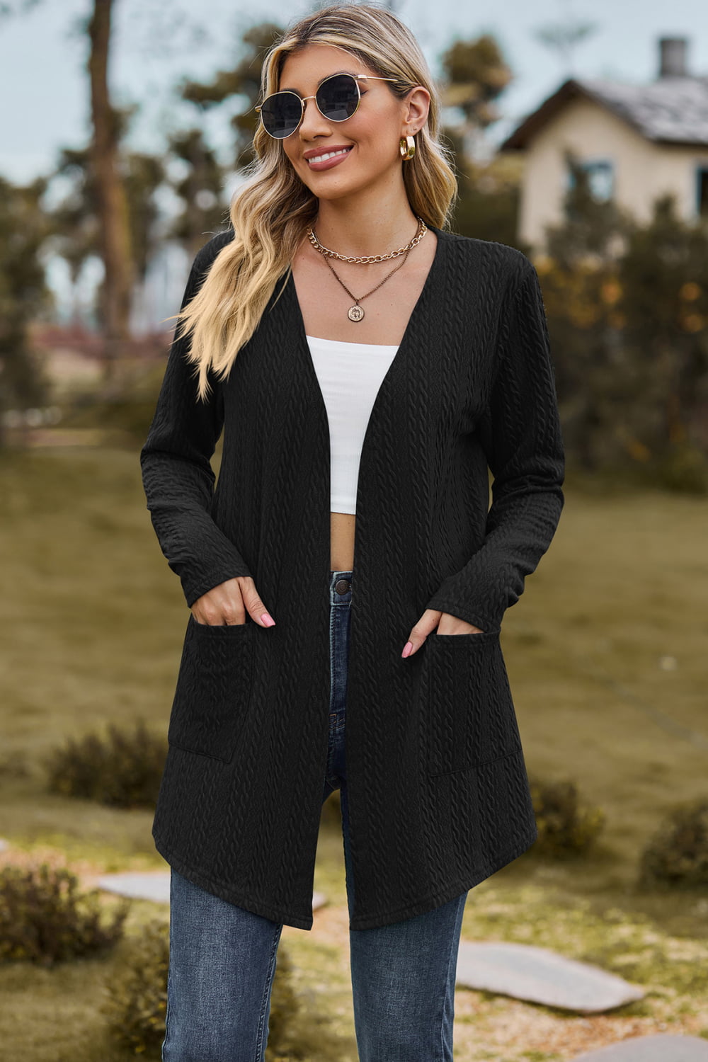 Cable-Knit Long Sleeve Cardigan with Pocket BLUE ZONE PLANET