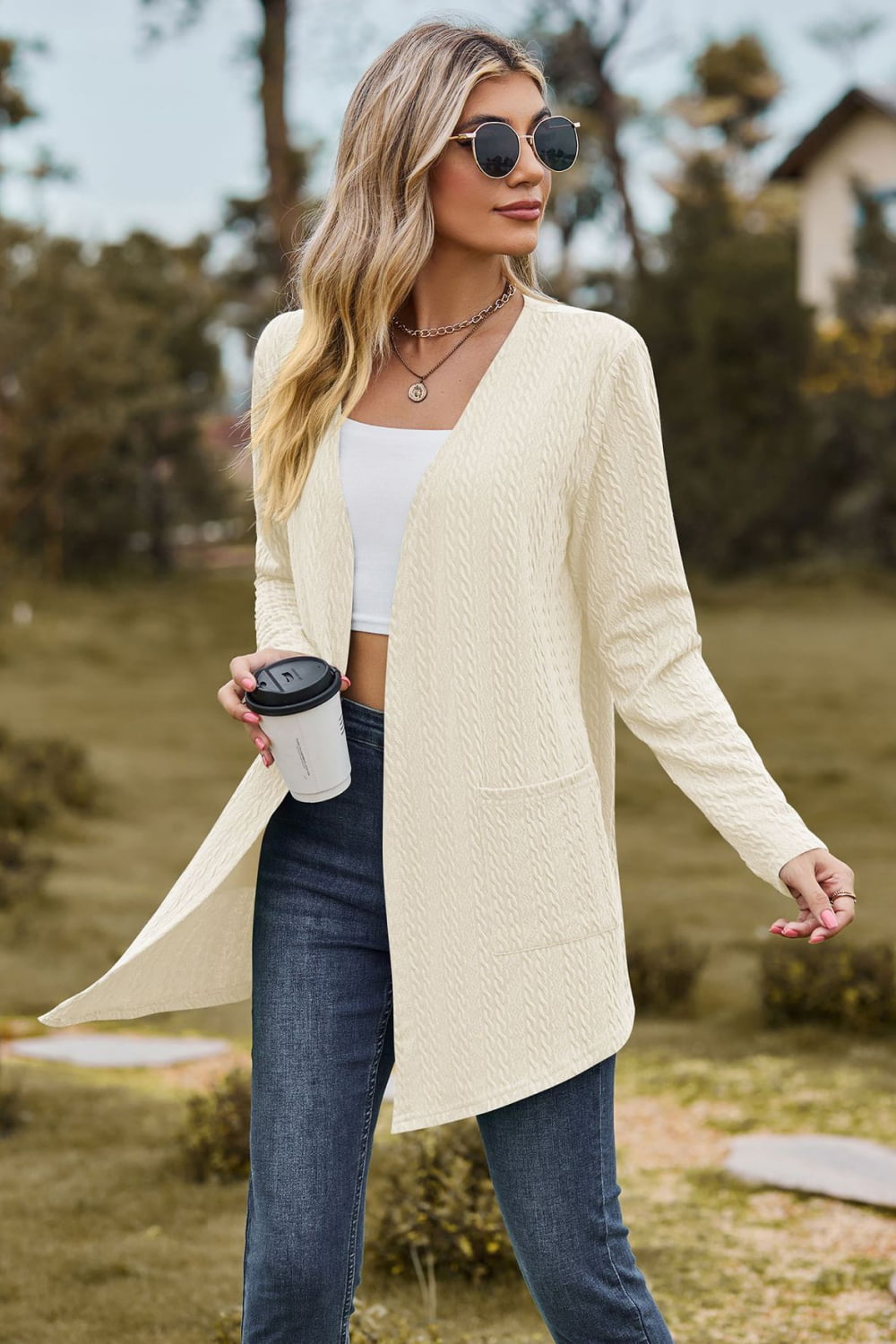 Cable-Knit Long Sleeve Cardigan with Pocket BLUE ZONE PLANET