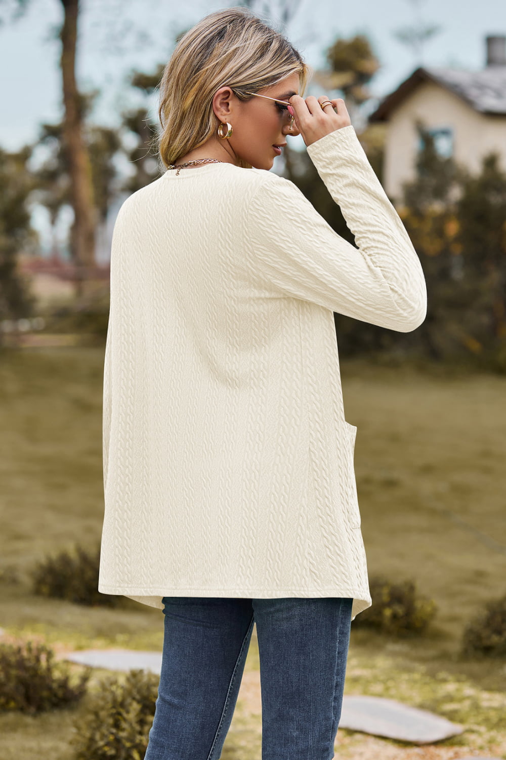 Cable-Knit Long Sleeve Cardigan with Pocket BLUE ZONE PLANET