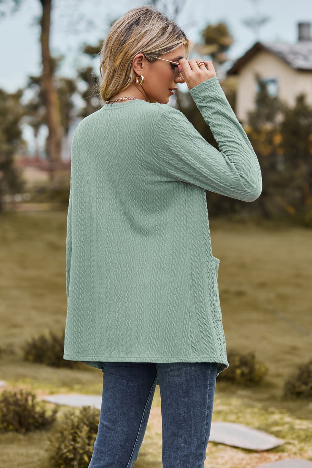 Cable-Knit Long Sleeve Cardigan with Pocket BLUE ZONE PLANET