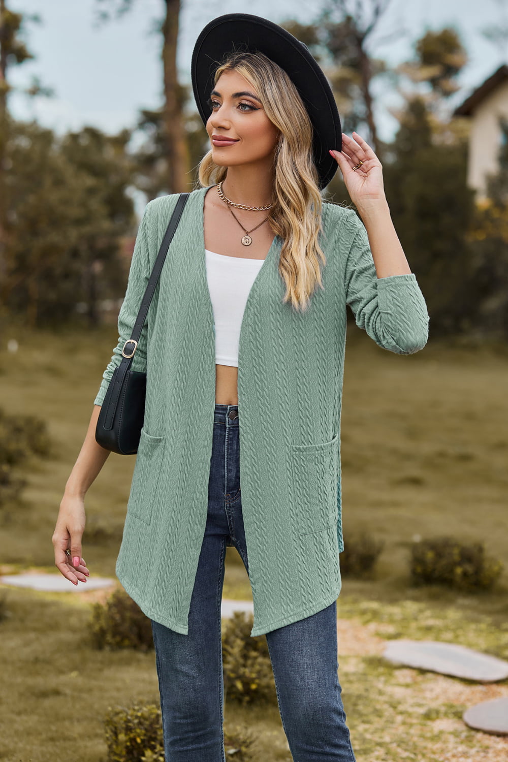 Cable-Knit Long Sleeve Cardigan with Pocket BLUE ZONE PLANET