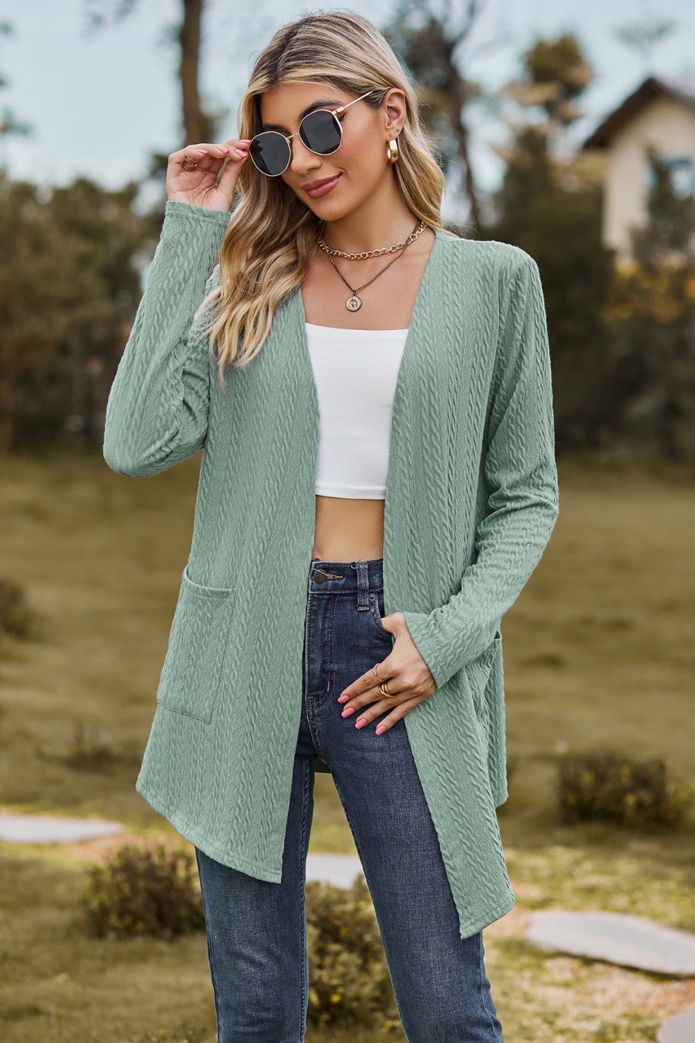 Cable-Knit Long Sleeve Cardigan with Pocket BLUE ZONE PLANET