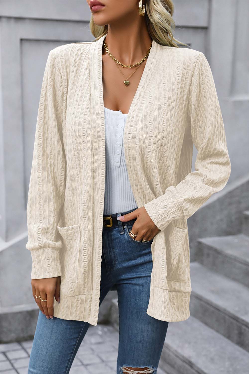 Cable-Knit Long Sleeve Cardigan with Pocket BLUE ZONE PLANET