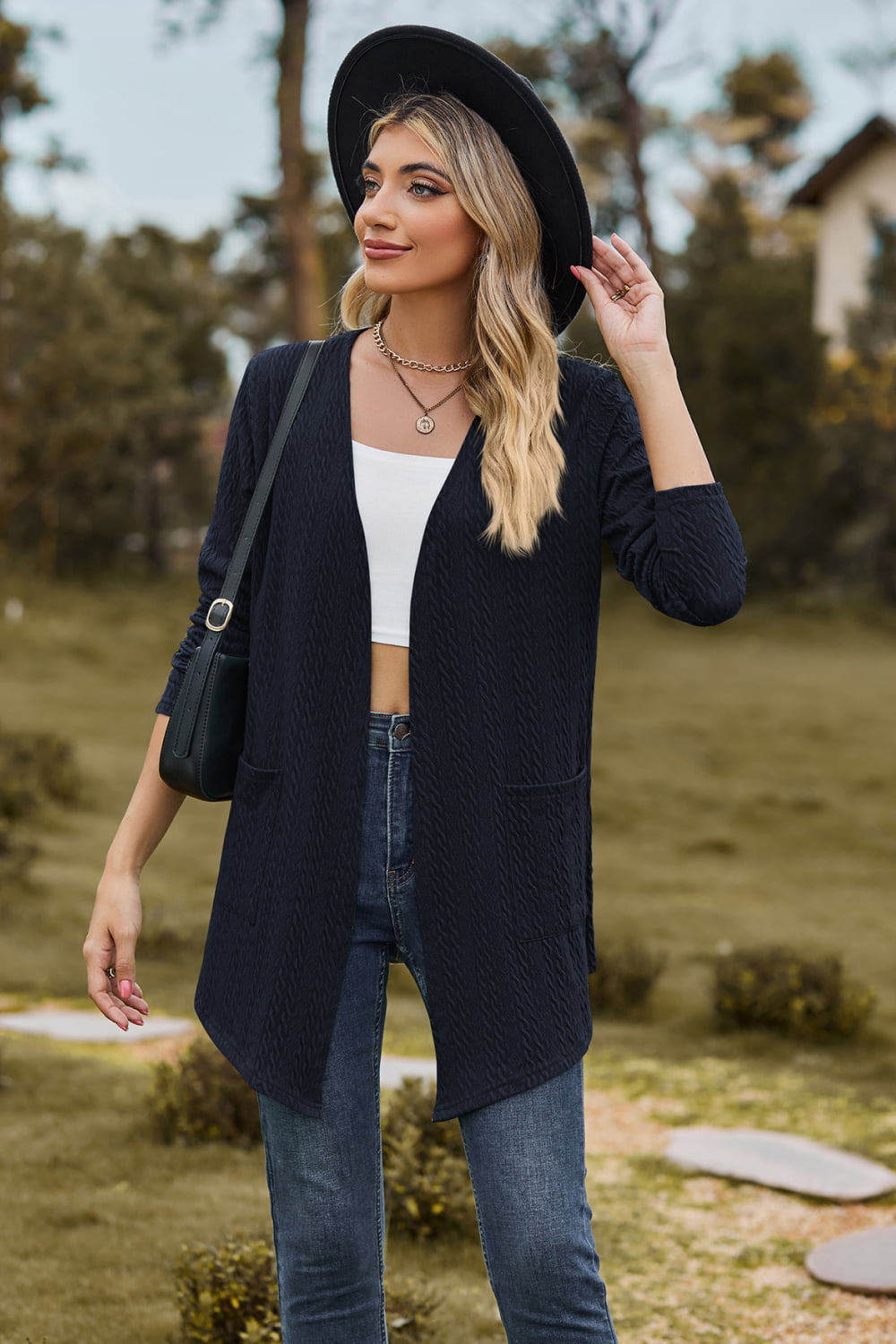 Cable-Knit Long Sleeve Cardigan with Pocket BLUE ZONE PLANET