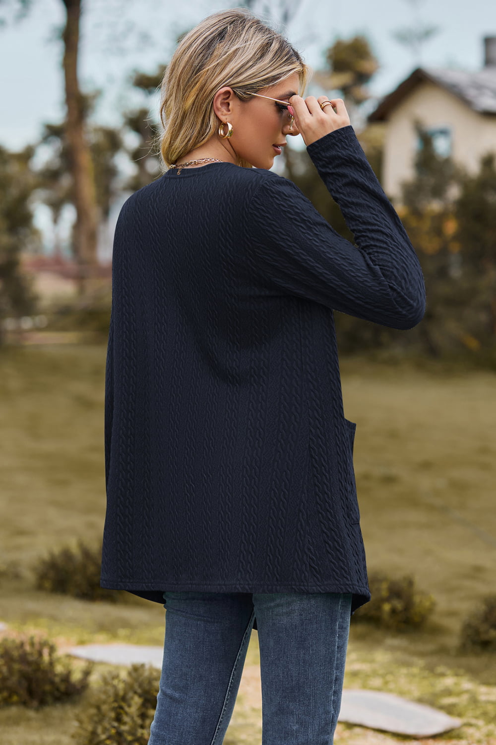 Cable-Knit Long Sleeve Cardigan with Pocket BLUE ZONE PLANET