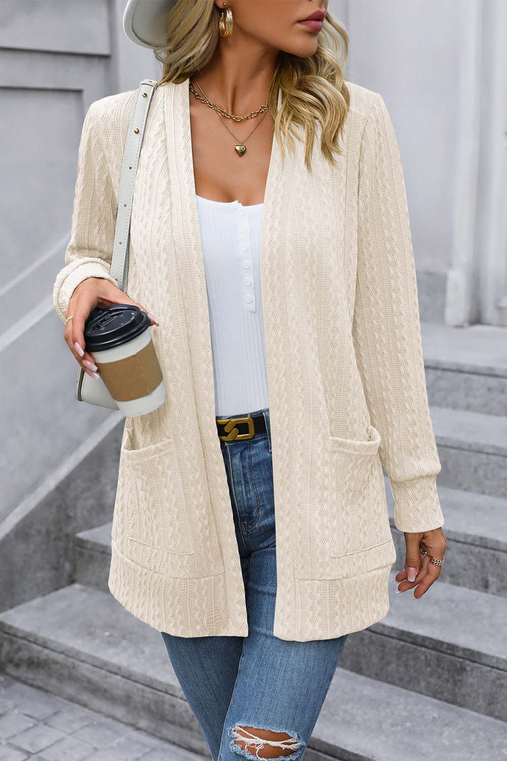 Cable-Knit Long Sleeve Cardigan with Pocket BLUE ZONE PLANET