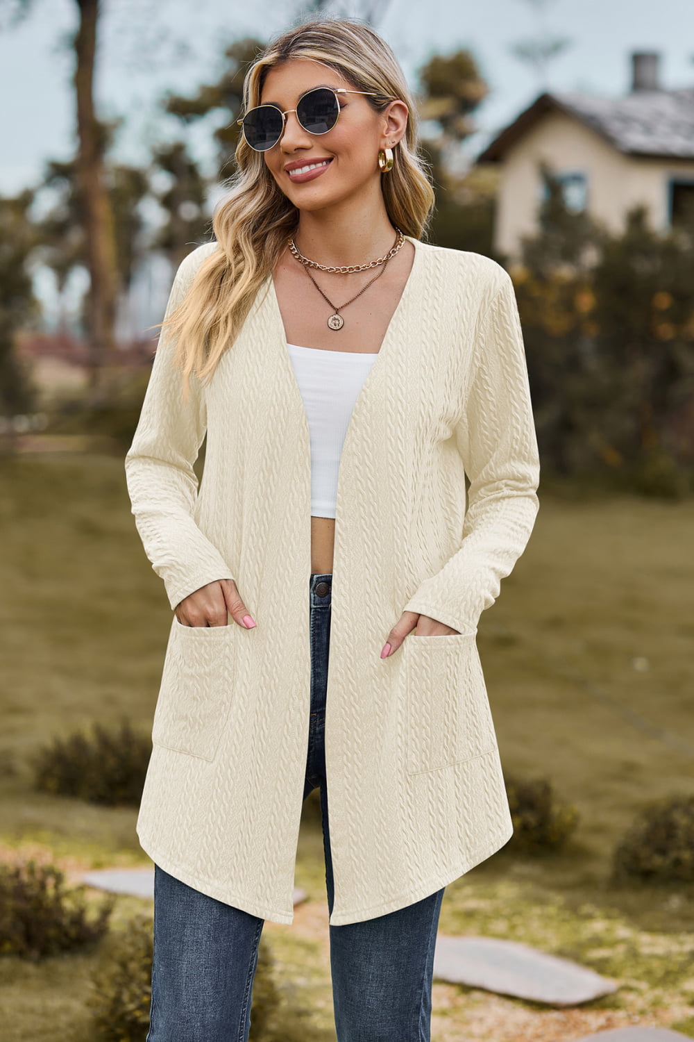 Cable-Knit Long Sleeve Cardigan with Pocket BLUE ZONE PLANET