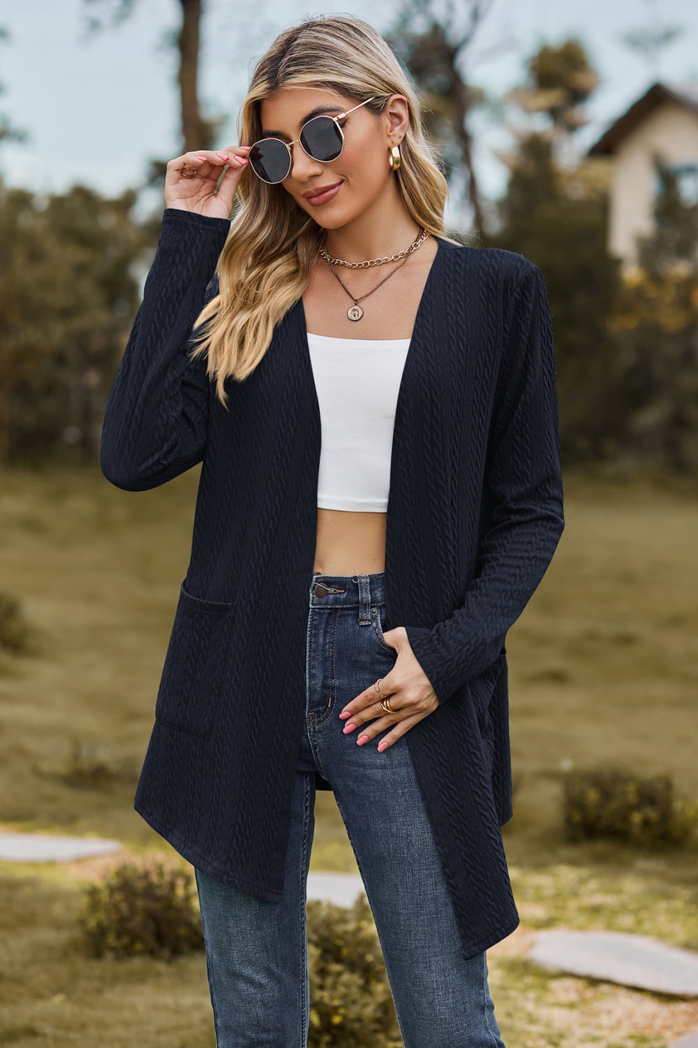 Cable-Knit Long Sleeve Cardigan with Pocket BLUE ZONE PLANET