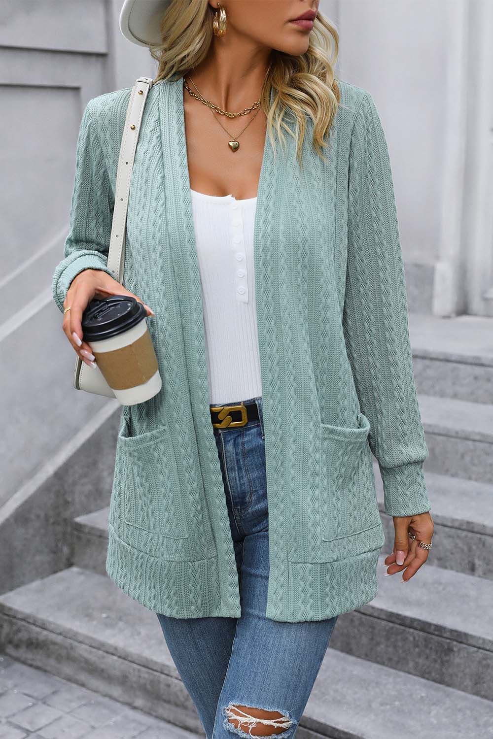 Cable-Knit Long Sleeve Cardigan with Pocket BLUE ZONE PLANET