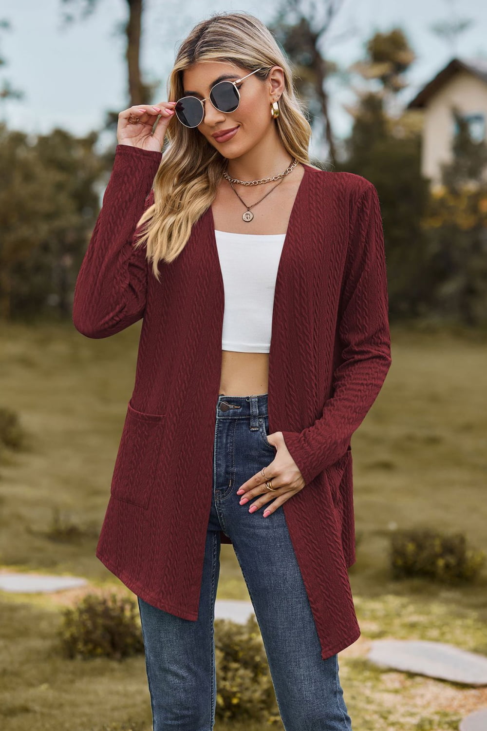 Cable-Knit Long Sleeve Cardigan with Pocket BLUE ZONE PLANET