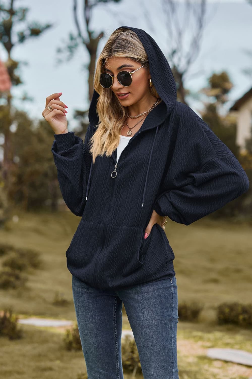 Cable-Knit Long Sleeve Hooded Jacket BLUE ZONE PLANET