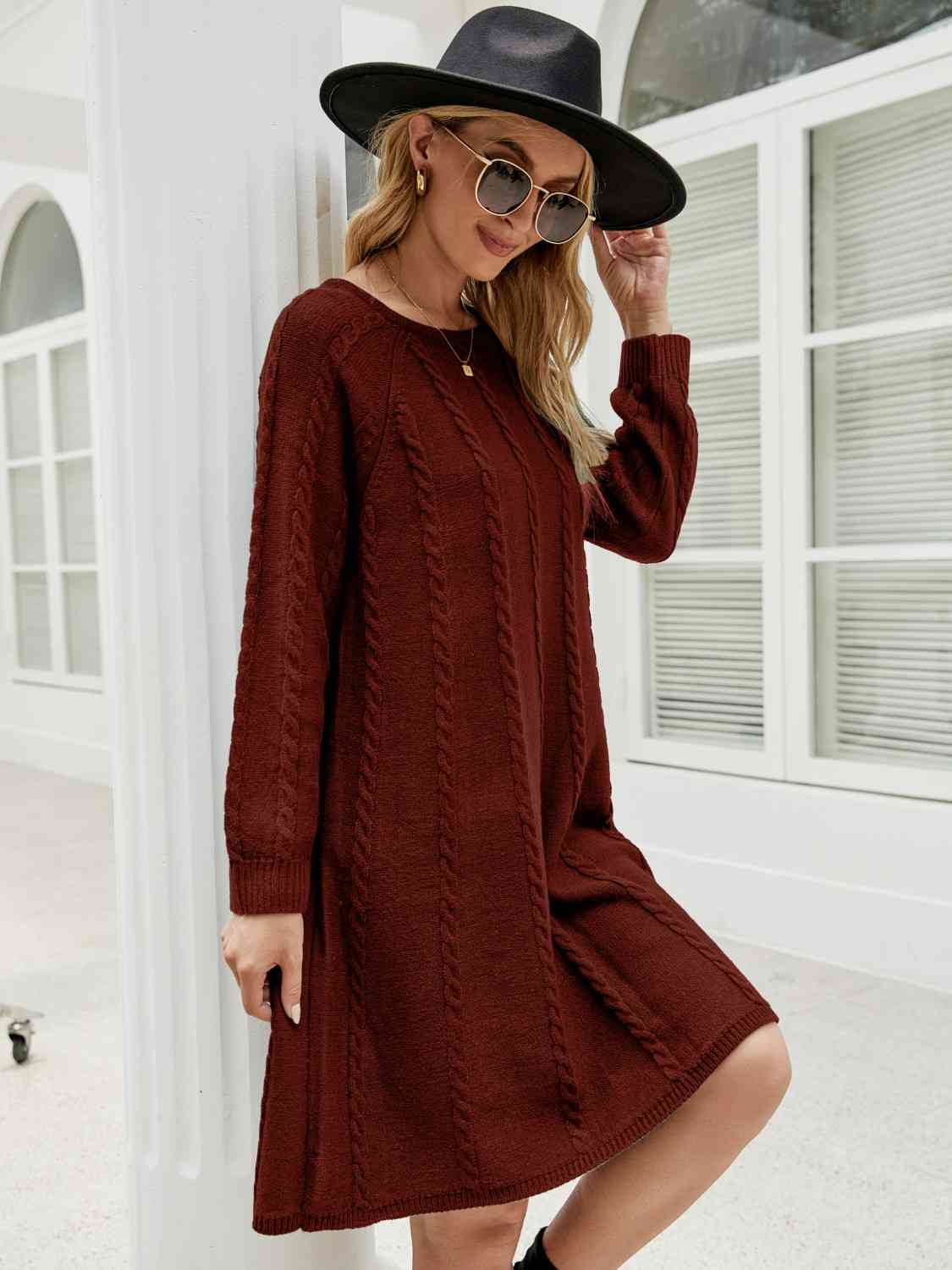 Cable-Knit Long Sleeve Sweater Dress BLUE ZONE PLANET