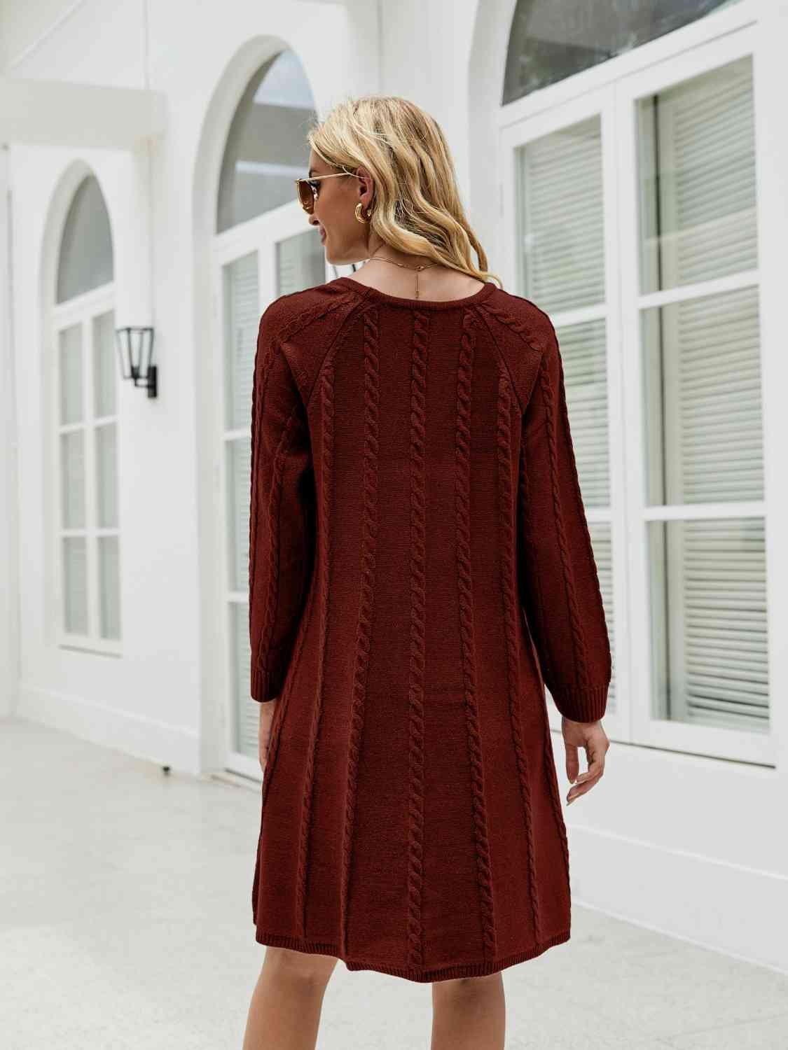 Cable-Knit Long Sleeve Sweater Dress BLUE ZONE PLANET