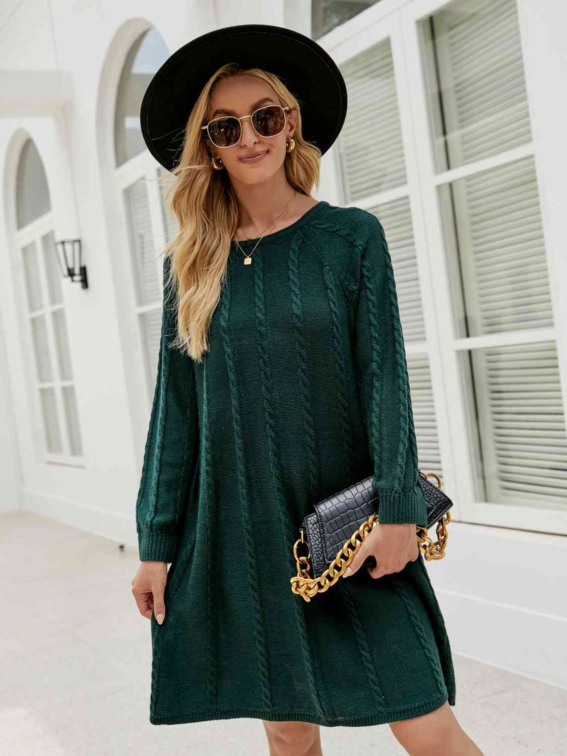 Cable-Knit Long Sleeve Sweater Dress BLUE ZONE PLANET