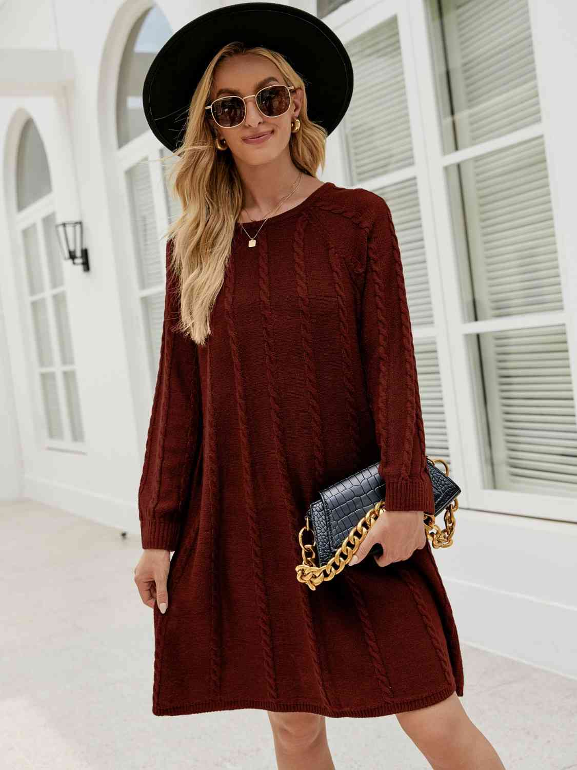 Cable-Knit Long Sleeve Sweater Dress BLUE ZONE PLANET