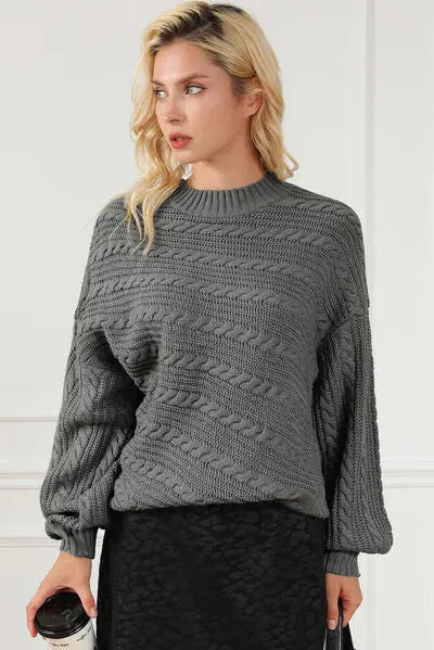 Cable-Knit Mock Neck Dropped Shoulder Sweater BLUE ZONE PLANET