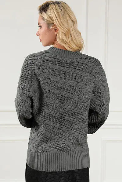 Cable-Knit Mock Neck Dropped Shoulder Sweater BLUE ZONE PLANET