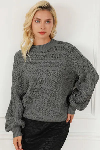 Cable-Knit Mock Neck Dropped Shoulder Sweater BLUE ZONE PLANET