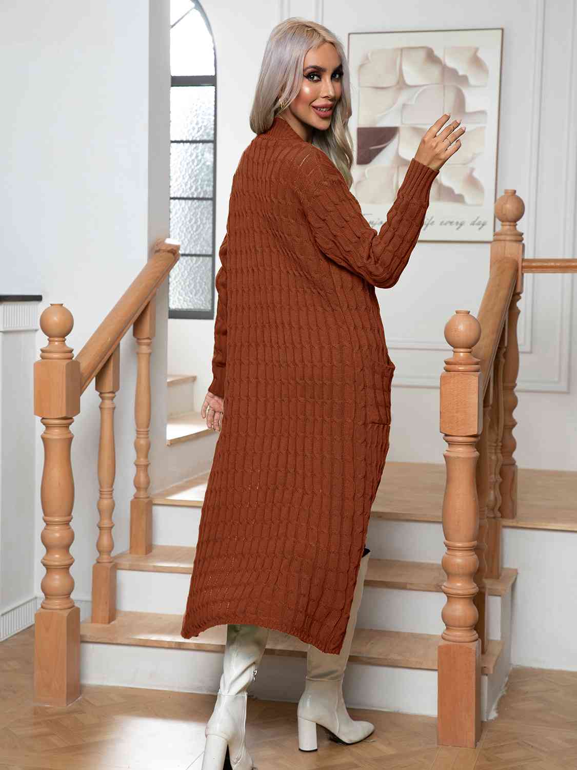 Cable-Knit Open Front Cardigan with Pockets BLUE ZONE PLANET