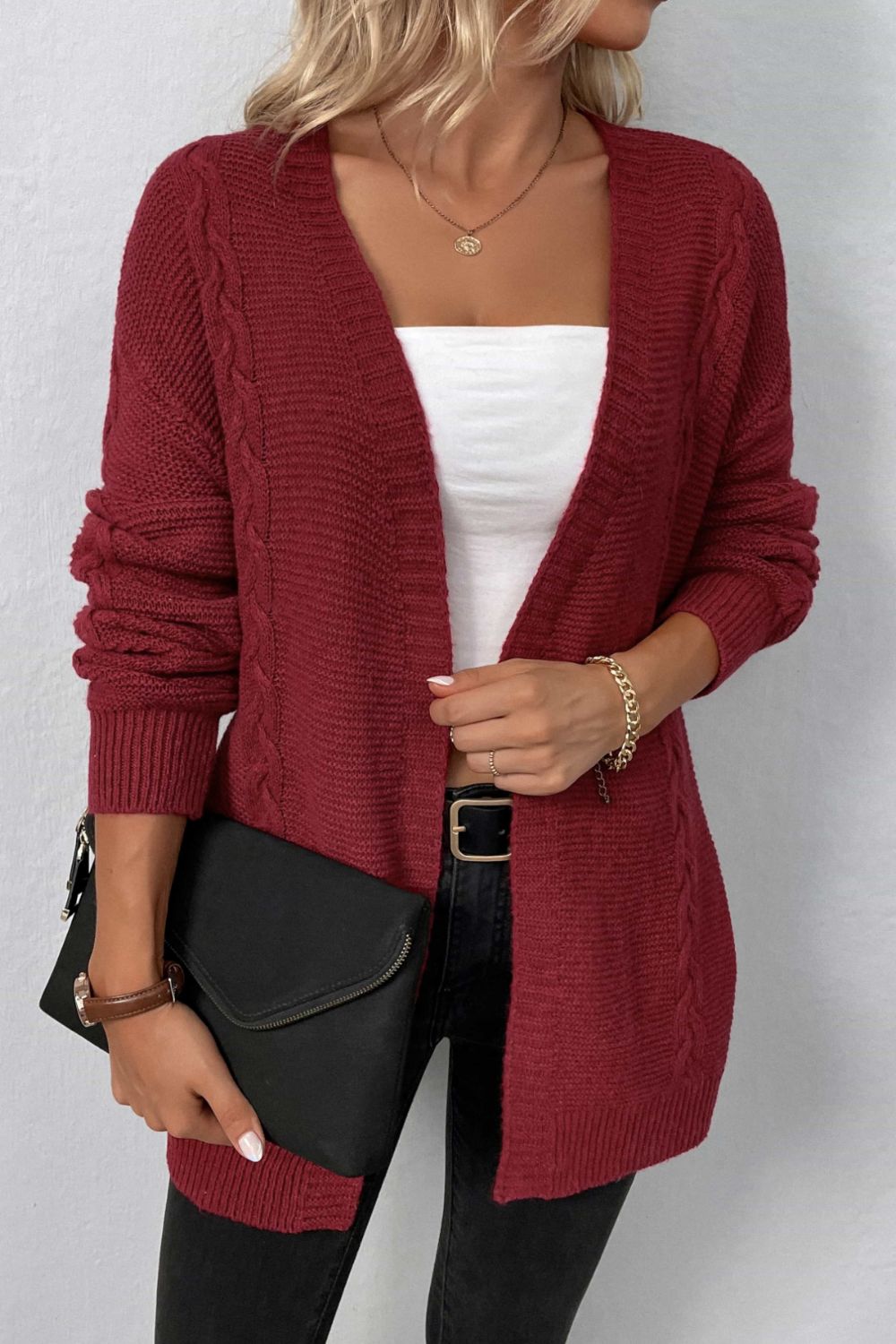 Cable-Knit Open Front Cardigan with Pockets BLUE ZONE PLANET