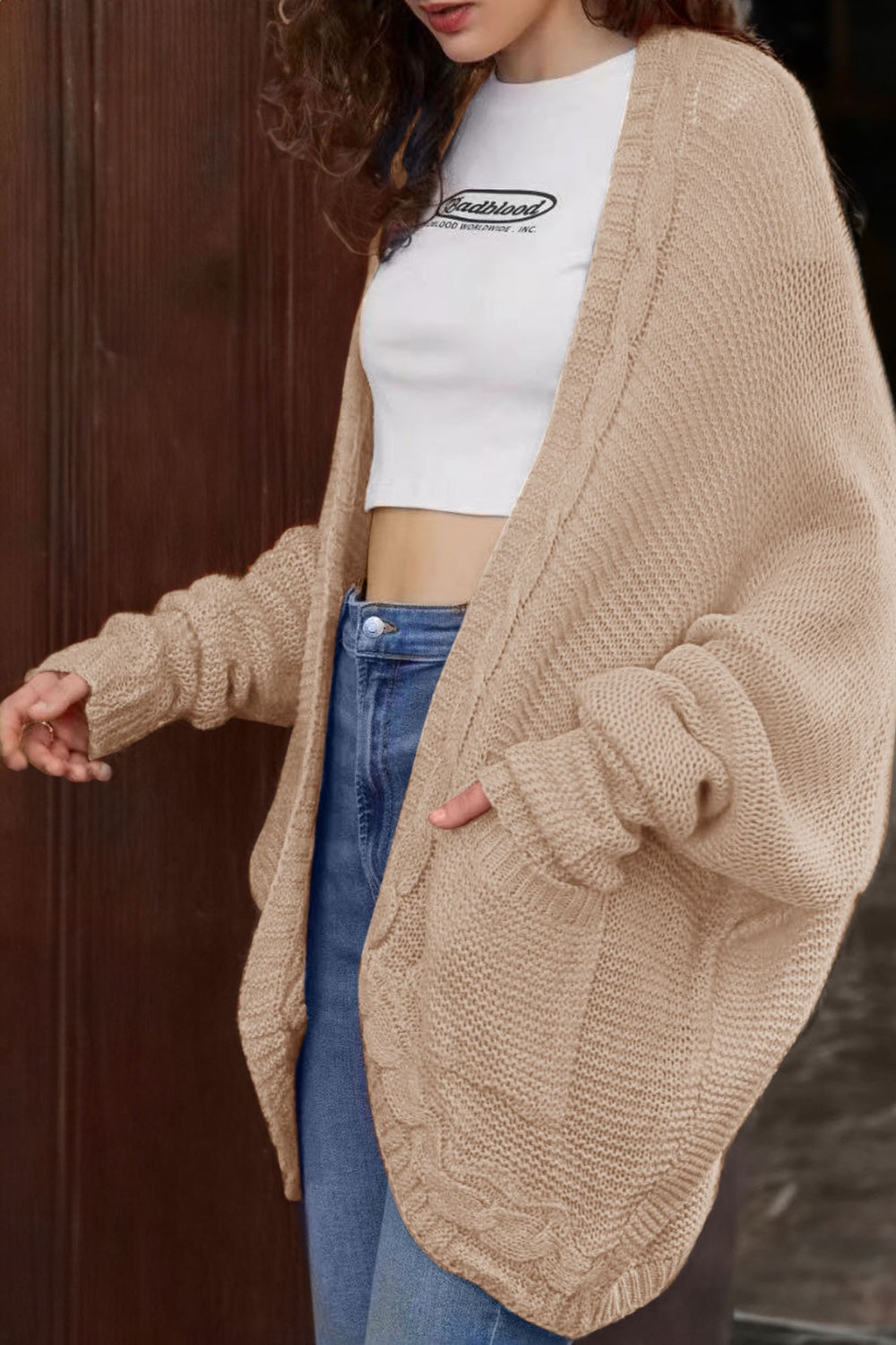 Cable-Knit Open Front Cardigan with Pockets BLUE ZONE PLANET