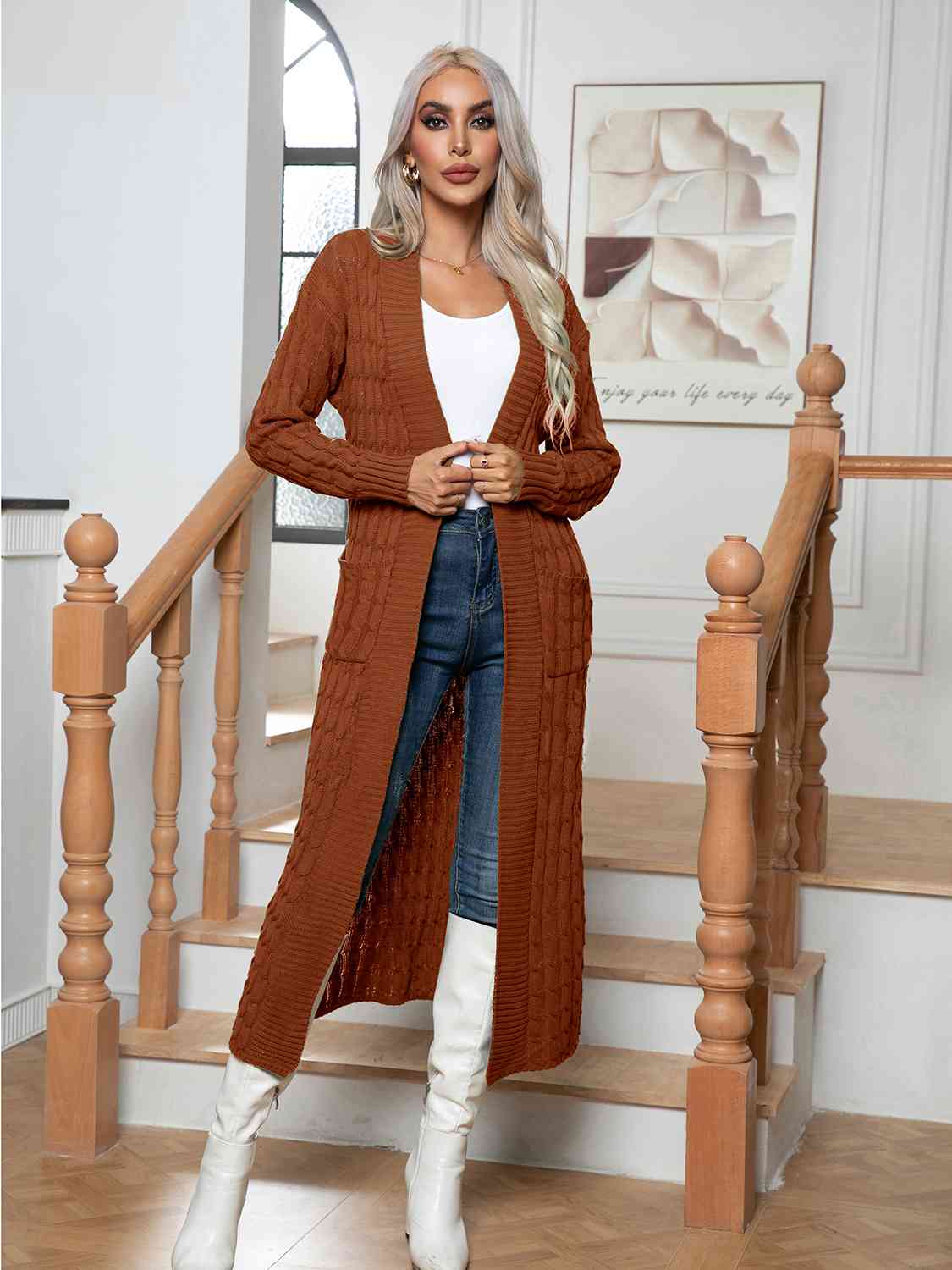 Cable-Knit Open Front Cardigan with Pockets BLUE ZONE PLANET