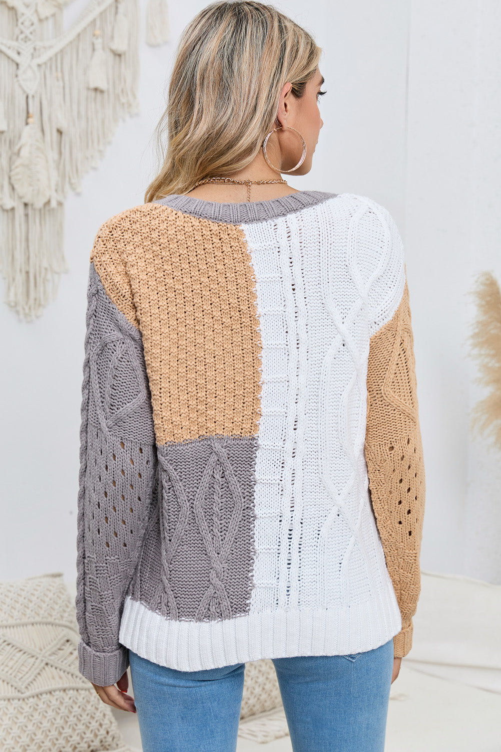 Cable-Knit Openwork Round Neck Color Block Sweater BLUE ZONE PLANET