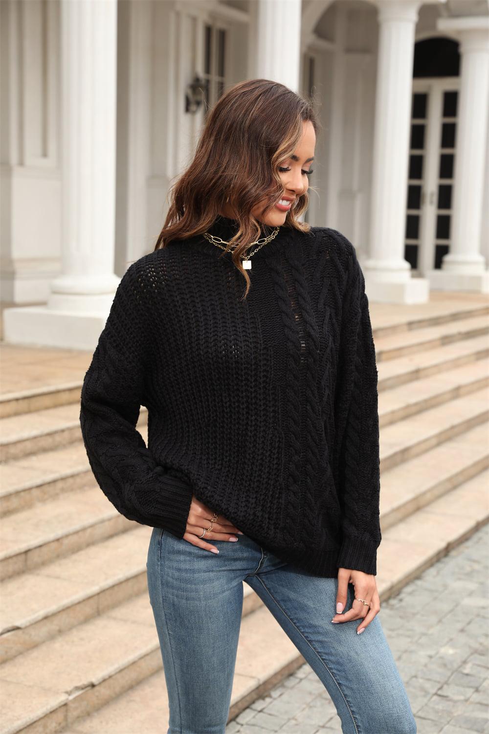 Cable-Knit Turtle Neck Long Sleeve Sweater BLUE ZONE PLANET