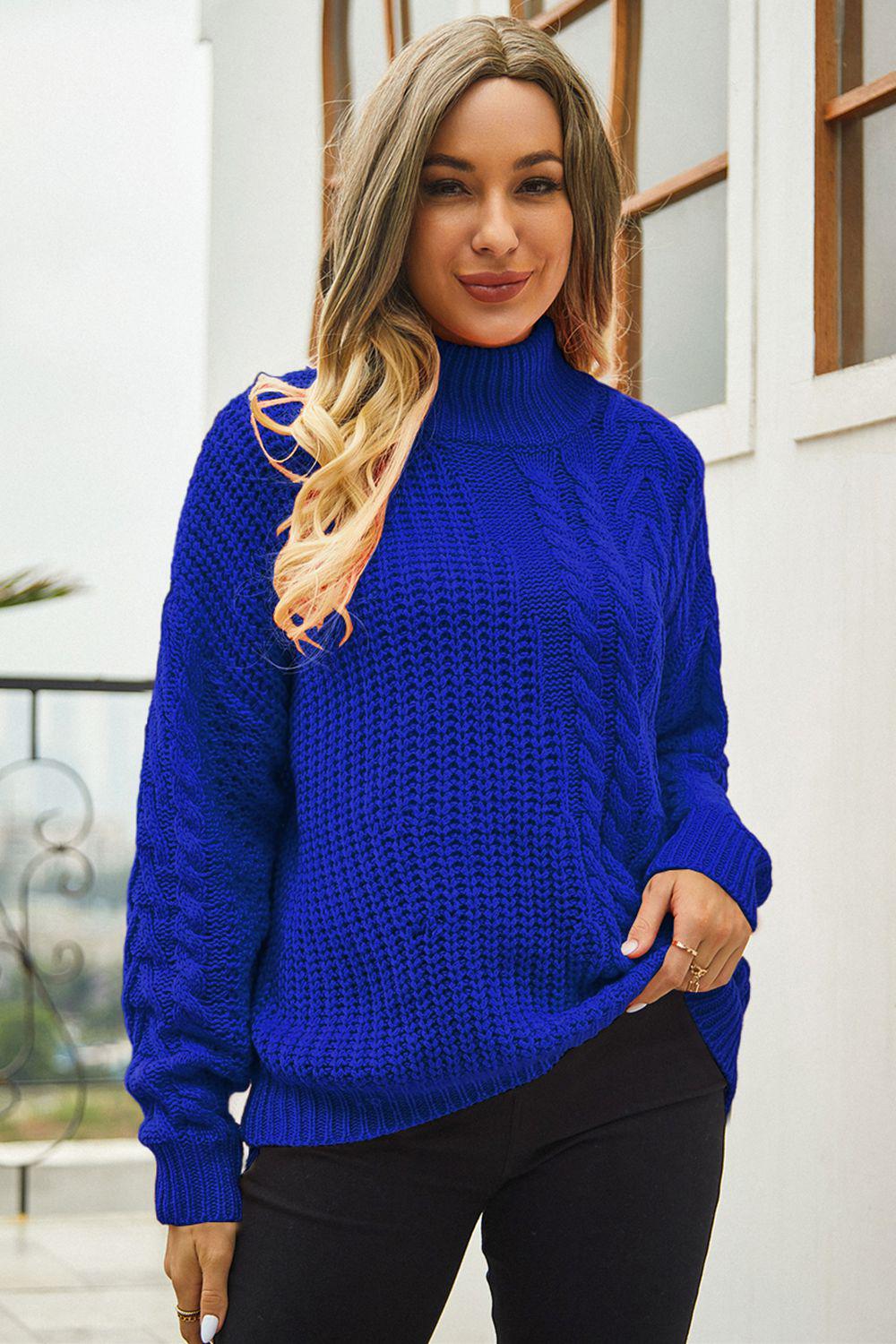 Cable-Knit Turtle Neck Long Sleeve Sweater BLUE ZONE PLANET