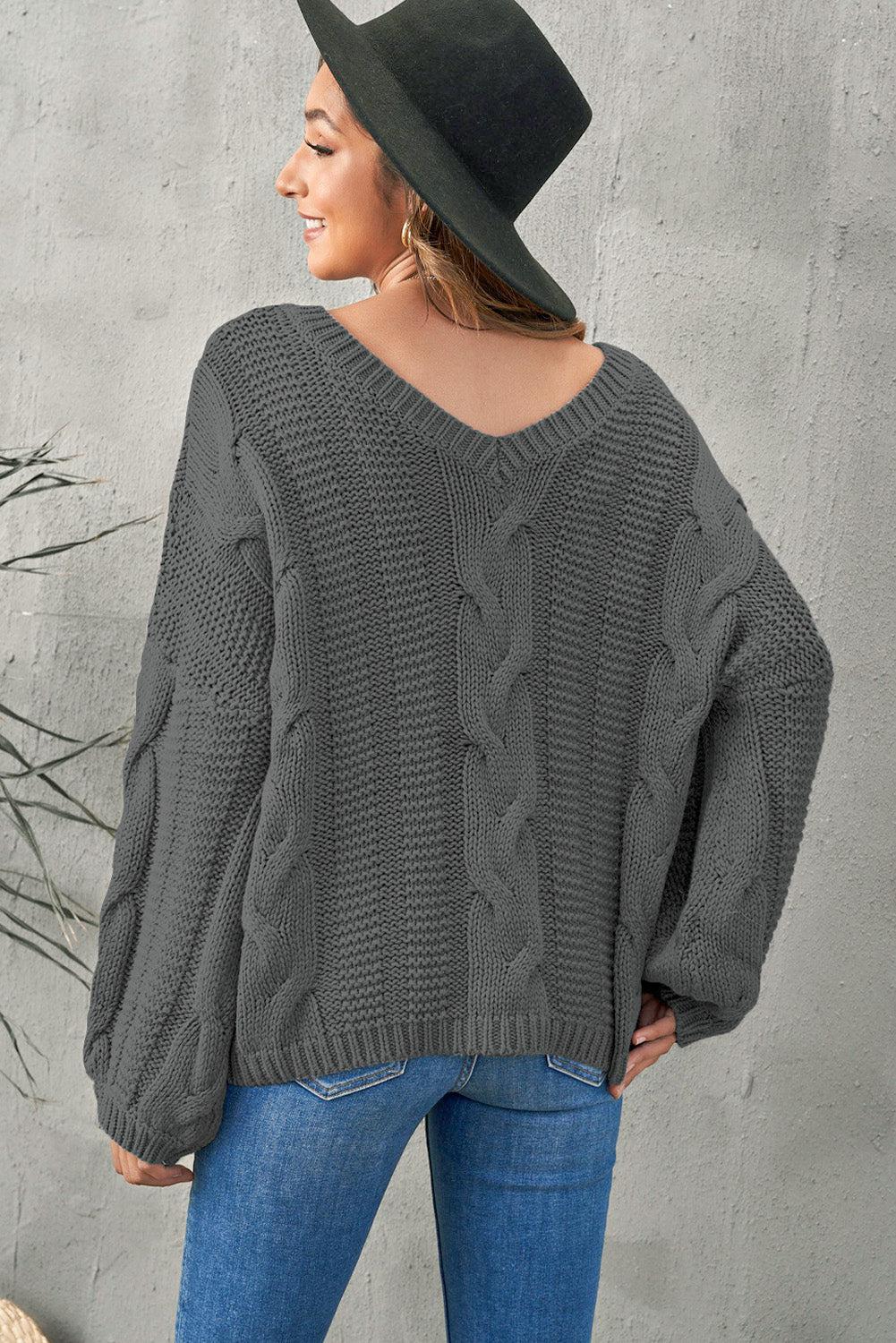 Cable Knit V-Neck Sweater BLUE ZONE PLANET